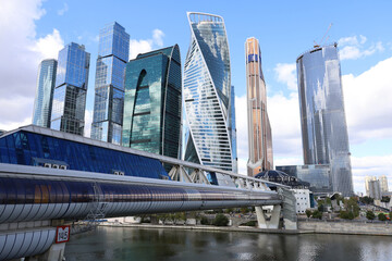 View to skyscrapers of Moscow city, bridge Bagration and Moscow river. International business...