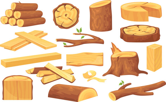 Cartoon stacked trunks. Wooden trunk cutting tree timbers materials, cut wood log lumber piece logging trees stump board hardwood construction material set neat vector illustration