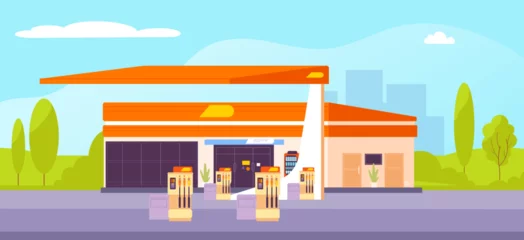 Stof per meter Petrol station building. City fuel stations on road background, cartoon automotive gas car refilling service automated gasoline pump, diesel oil shop fill store vector illustration © ssstocker