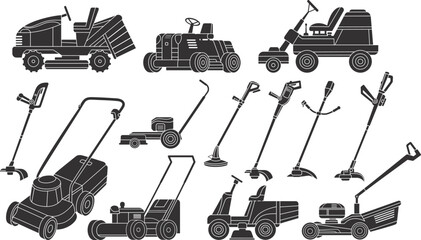 Lawn mower machine. Farm lawnmowers logo, riding garden tractor gardener machine black icon care landscape yard lawnmower silhouette gardening service, neoteric vector illustration - obrazy, fototapety, plakaty