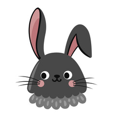 Cute little black rabbit head flat vector illustration. Bunny cartoon character portrait.