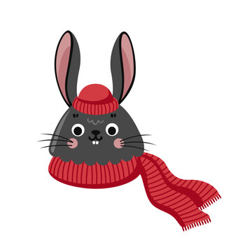 Cute rabbit in red scarf and hat vector flat illustration. Bunny cartoon character winter portrait.