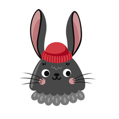 Obraz na płótnie Canvas Black bunny in red knitted hat portrait. Rabbit head, face, avatar. Hare cartoon character. Vector flat illustration.