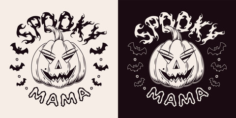 Round vintage emblem with text Spooky Mama, silhouette of bat, pumpkin head stylized as a female face. Holiday monochrome illustration on a dark, white background