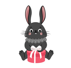 Cute little rabbit opening gift box. Black bunny with present. Hare cartoon character flat vector illustration.