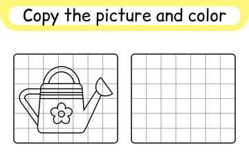 Copy the picture and color watering can. Complete the picture. Finish the image. Coloring book. Educational drawing exercise game for children