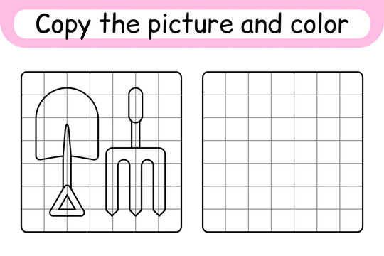 Copy the picture and color pitchfork and shovel. Complete the picture. Finish the image. Coloring book. Educational drawing exercise game for children