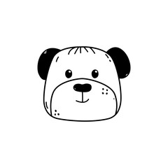 Hand drawn cute dog face doodle style, vector illustration isolated on white background. Black outline smiling animal muzzle, decorative design element