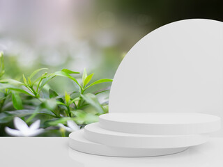 3D illustration of the white podium for branding product presentation with blurred green nature background.