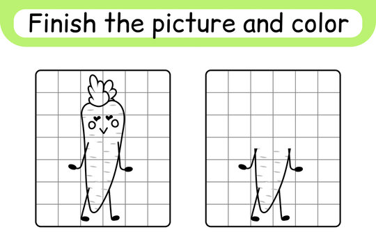 Complete the picture carrot. Copy the picture and color. Finish the image. Coloring book. Educational drawing exercise game for children