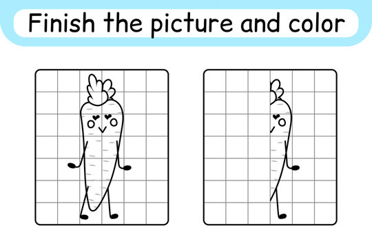 Complete the picture carrot. Copy the picture and color. Finish the image. Coloring book. Educational drawing exercise game for children