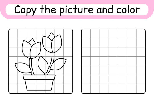 Copy the picture and color flower tulip. Complete the picture. Finish the image. Coloring book. Educational drawing exercise game for children