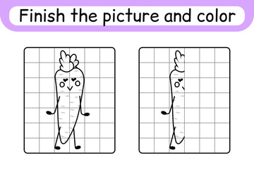 Fototapeta premium Complete the picture carrot. Copy the picture and color. Finish the image. Coloring book. Educational drawing exercise game for children