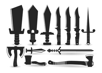 sharp weapon icon set, sword and axe,