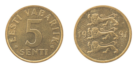 Old inactive Estonian coin of 1991 with a denomination of 5 five cents close-up isolated on a white background.
