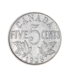 Canada Nickel Five Cents Dated 1928 with Maple Leaves