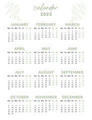 2023 calendar year illustration. The week starts on Monday. Yearly calendar template 2023. Calendar design in green and black colors, holidays in green colors.

