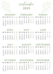 2023 calendar year illustration. The week starts on Monday. Yearly calendar template 2023. Calendar design in green and black colors, holidays in green colors.
