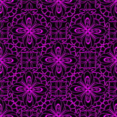 seamless graphic pattern, floral pink ornament tile on black background, texture, design