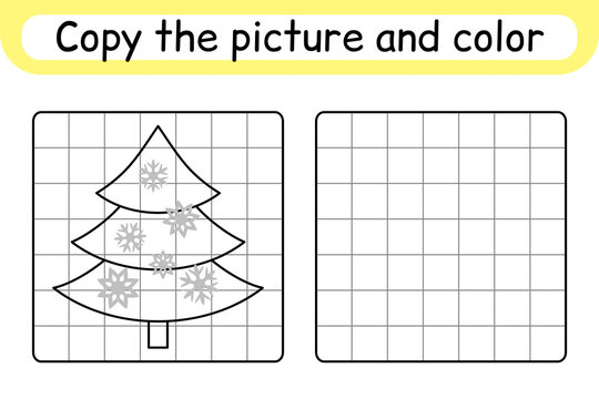 Copy the picture and color christmas tree. Complete the picture. Finish the image. Coloring book. Educational drawing exercise game for children