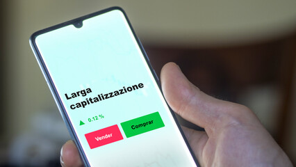 Un inversor está analizando el larga capitalizzazione etf fondo en pantalla. Un teléfono muestra los precios del ETF para invertir. Texto en español.