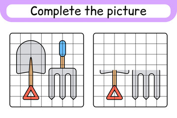 Complete the picture pitchfork and shovel. Copy the picture and color. Finish the image. Coloring book. Educational drawing exercise game for children