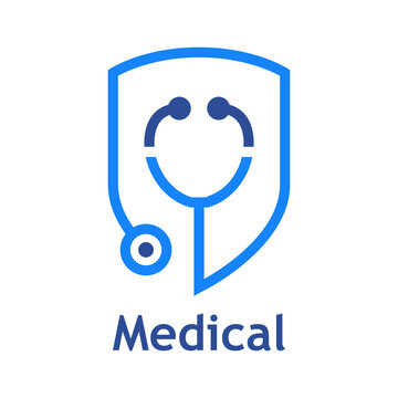 Logo sistema inmunitario. Silueta de estetoscopio m&eacute;dico con forma de escudo con l&iacute;neas