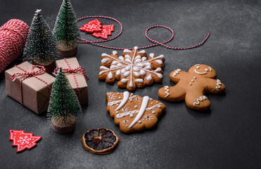 Delicious gingerbread cookies with honey, ginger and cinnamon. Winter composition
