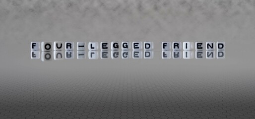 four legged friend word or concept represented by black and white letter cubes on a grey horizon background stretching to infinity