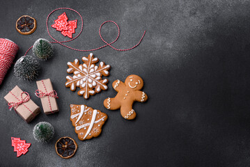 Delicious gingerbread cookies with honey, ginger and cinnamon. Winter composition