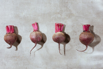 autumn flat lay on grey background with beetroot
