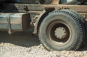 Alloy car wheel rim with break and tire close up view