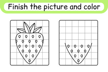 Complete the picture strawberry. Copy the picture and color. Finish the image. Coloring book. Educational drawing exercise game for children