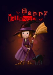 halloween holiday card with cartoon witch watercolor illustration