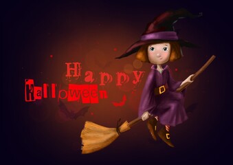 halloween holiday card with cartoon witch watercolor illustration