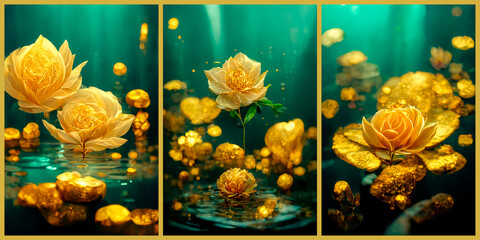 Yellow rose flowers combined with gold on a dark green background, an exquisite set of three images. 