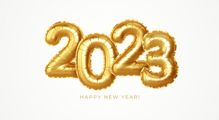 2023 3d Realistic Gold Foil Balloons. Happy New Year 2023 greeting card. Vector illustration