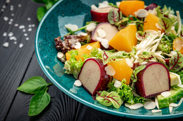 Chicken liver pate with fresh salad and marinated peach