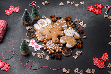 Delicious gingerbread cookies with honey, ginger and cinnamon. Winter composition