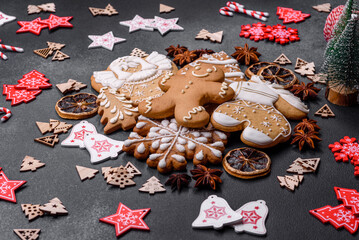 Delicious gingerbread cookies with honey, ginger and cinnamon. Winter composition