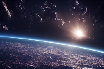 Asteroids above Earth-like planet in space sun rising above planet