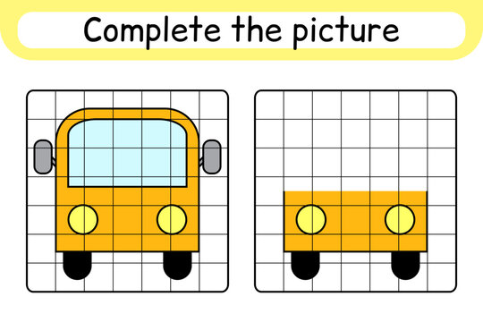 Complete the picture bus. Copy the picture and color. Finish the image. Coloring book. Educational drawing exercise game for children