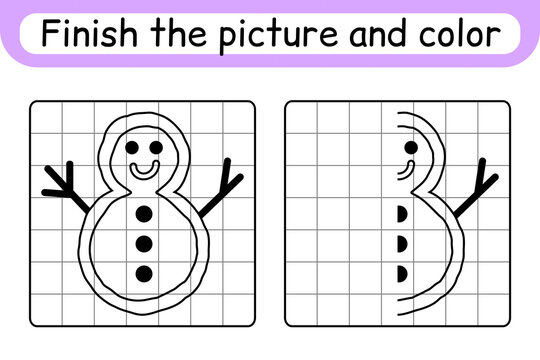 Complete the picture snowman. Copy the picture and color. Finish the image. Coloring book. Educational drawing exercise game for children
