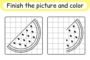 Complete the picture watermelon. Copy the picture and color. Finish the image. Coloring book. Educational drawing exercise game for children