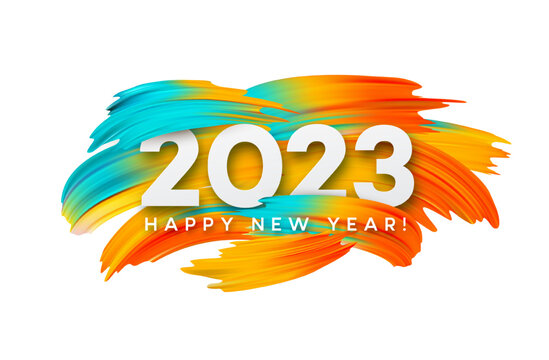 Happy New Year and Christmas 2023. 2023 typography on a background of bright colored paint strokes. New Year holiday greeting card. Vector illustration