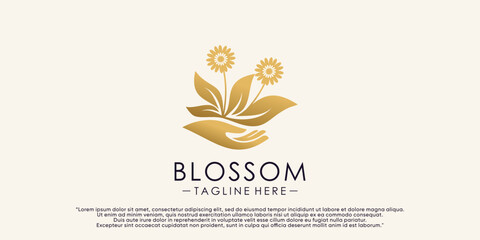 Creative floral blossom logo design template with hand and leaf element Premium Vector