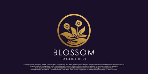 Creative floral blossom logo design template with hand and leaf element Premium Vector