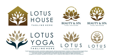 Fototapeta na wymiar Set of lotus flower logo design with house icon and leaf element Premium Vector