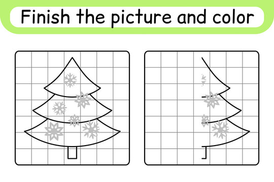 Complete the picture christmas tree. Copy the picture and color. Finish the image. Coloring book. Educational drawing exercise game for children