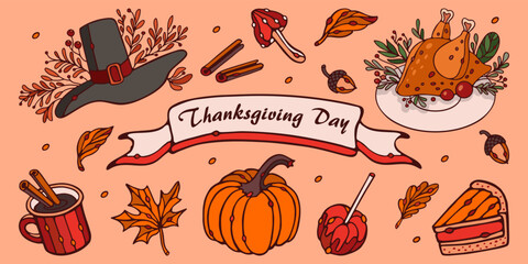 Thanksgiving Autumn Set vector illustration. Pumpkin, roast turkey, cup of cinnamon tea, pilgrim hat, pie, leaves isolated on orange background for design Thanksgiving Autumn greeting card